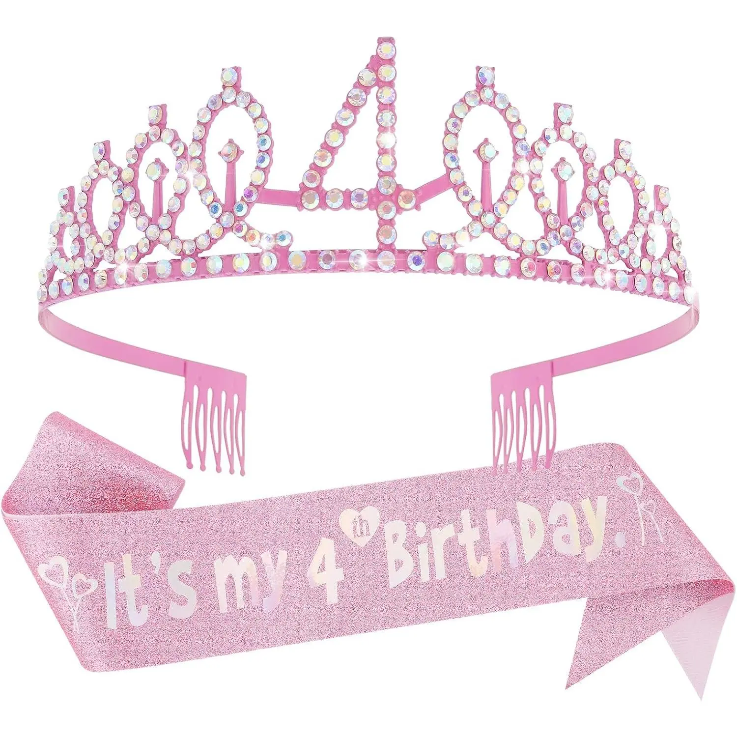 Girls' Princess Aesthetic Birthday Crown and Sash Set - Metal Rhinestone Accents Tiara Hair Accessory, Adjustable Fit, Flexible, Princess Look Gift for 3-9 Age Niece (3rd,4th,6th,8th Birthdays), Flexible Fit