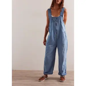 Lady's Casual Backless Denim Bib Overalls - Strap, Baggy Wide-Leg, Sleeveless, Zipper-Closure, Minimalist Basic Loose Comfortable Fabric Jumpsuits with Pockets, Fashion Outfits