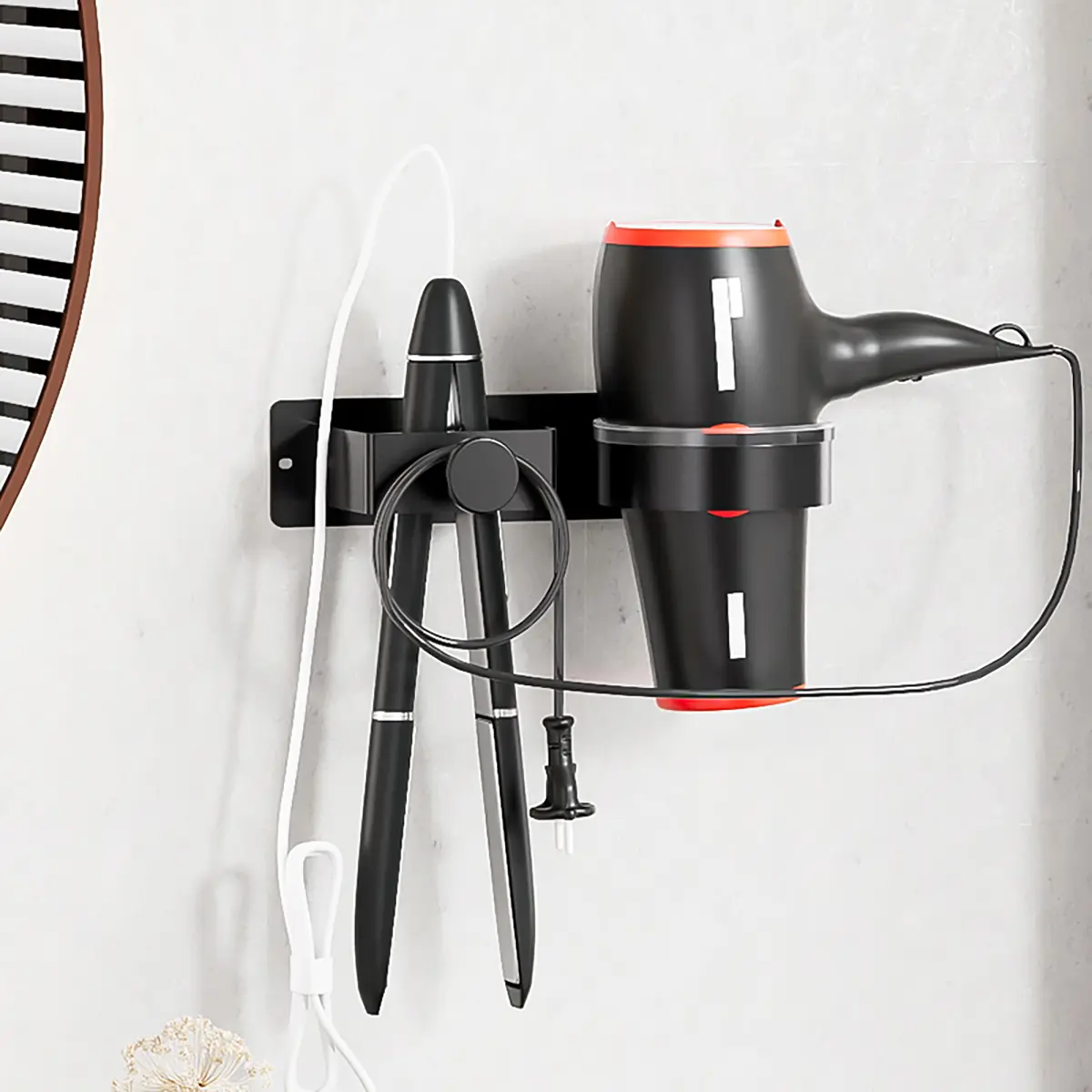 No-Drill Wall-Mounted Hair Styling Tool Organizer, Lightweight Hair Accessory Holder, Blow Dryer Stand with Towel Hook, Modern Design, Hair Dryer Rack