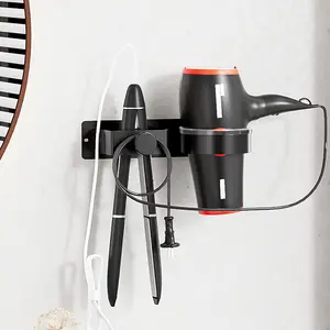 No-Drill Wall-Mounted Hair Styling Tool Organizer, Lightweight Hair Accessory Holder, Blow Dryer Stand with Towel Hook, Modern Design, Hair Dryer Rack