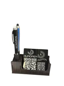 Wooden Desktop Organiser, Business Card Holder with Pen Stand, Dark Brown