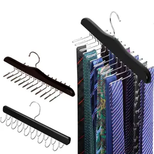 2Pcs Tie Rack Hanger with 24 Foldable Metal Hooks, Space Saving Necktie Organizer for Men - Capacity Tie and Belt Wooden Hanger for Closet (Black) - Home Improvement.