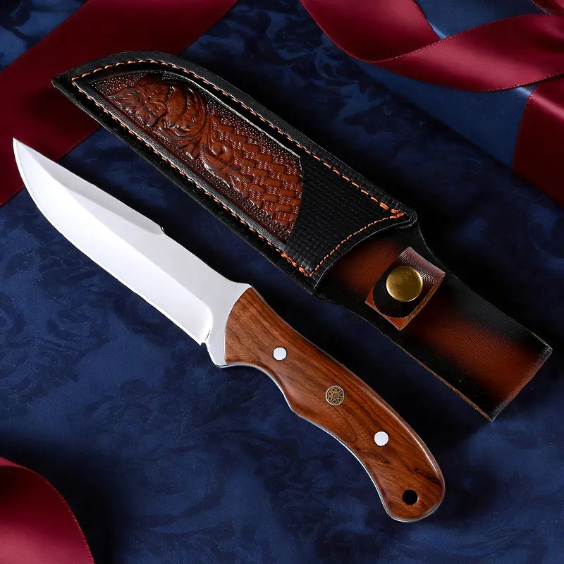 Camping Outdoor Tool Camp Knife - Sheathed Stainless Steel Blade & Wood Handle Outdoor Survival EDC for Camping, BBQ