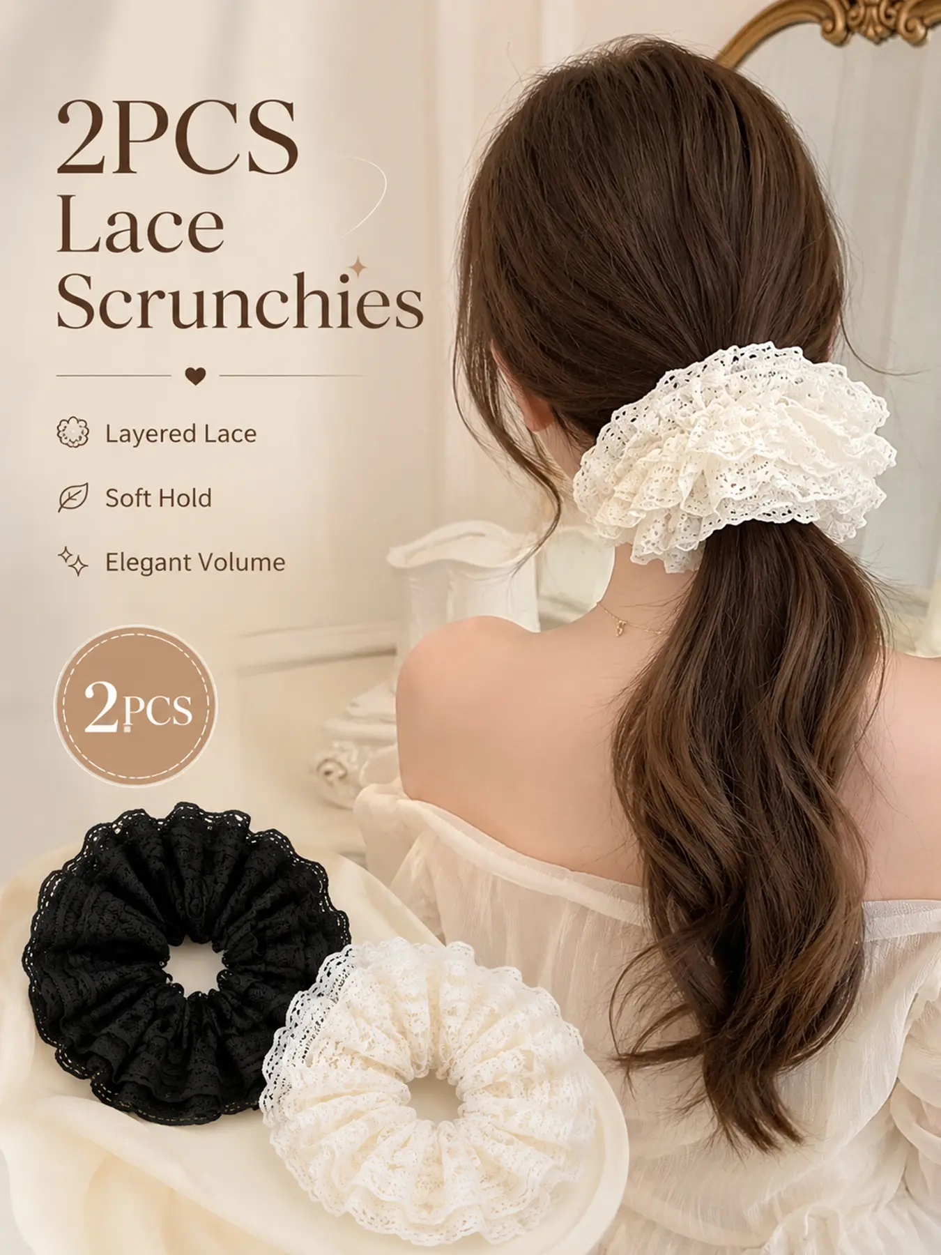 2Pcs Lace Scrunchies for Women Black White Sweet Style, Fashion Layered Ruffle Big Hair Ties with Soft No-Damage Elastic Hold, Large Ponytail Holders for Long Thick Curly Hair, Girls Daily Wear, Date, Party and Gift Hair Accessories