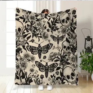 Creative Halloween Floral Skull Moth Print Flannel Blanket, Soft Warm Nap Blanket for Sofa Bed Office Car Camping Travel Home Decor Gift