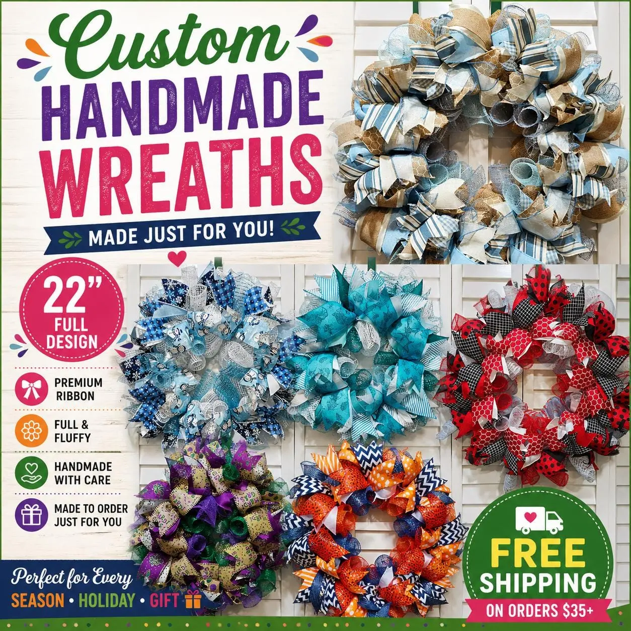 Custom Handmade 22" Wreath | Personalized Front Door Decor | Seasonal, Holiday & Everyday Wreath | Made to Order