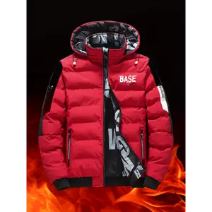 Men's Casual Base Graphic Print Reversible Padded Coat, Chic Warm Hooded Jacket With Zipper Pockets For Fall Winter Tops Long Sleeve Red Menswear Polyester Fabric Black