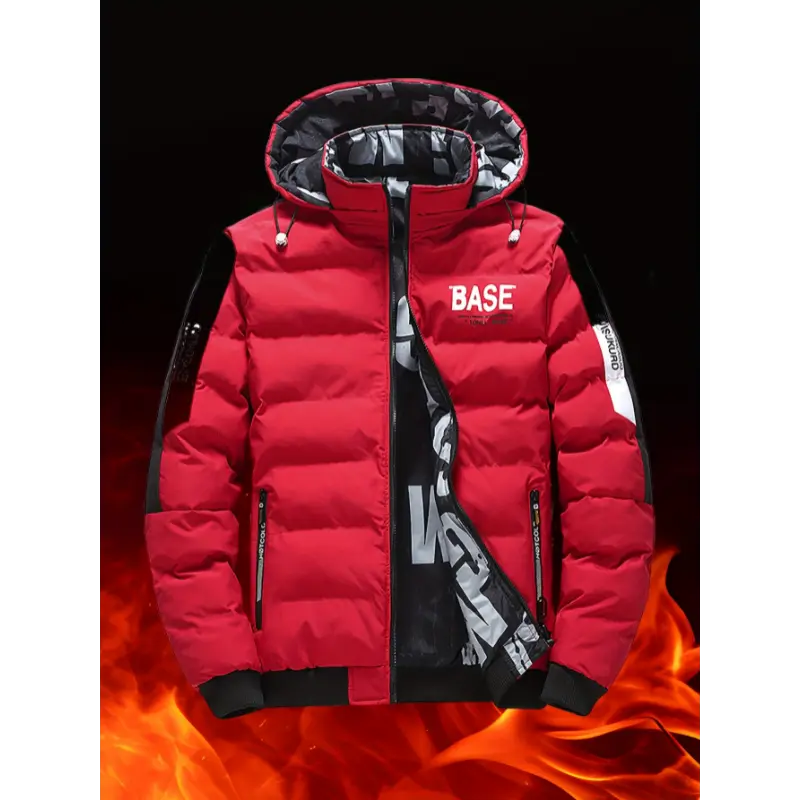 Men's Casual Base Graphic Print Reversible Padded Coat, Chic Warm Hooded Jacket With Zipper Pockets For Fall Winter Tops Long Sleeve Red Menswear Polyester Fabric Black
