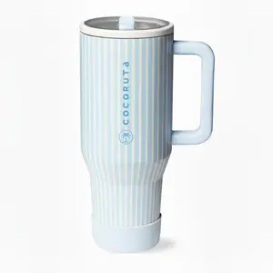 CocoRuta Traveler 40 oz Leak- Proof Vacuum Insulated Stainless Steel Water Bottle with Handle & Flip Straw, Cup Holder Fit Rubber Base, Reusable Tumbler for Women Men, Cape Cod
