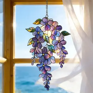[ACRYLIC NOT GLASS]  Purple Wisteria Acrylic Suncatcher – Floral Window Hanging Decor, Stained Glass Style Hanging, Elegant Garden Sun Catcher