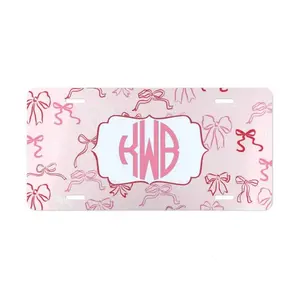 Custom Pink Bow Monogram License Plate - Personalized Car Tag for Girls, Stylish Personalised Auto Tag Front Plate Accessory