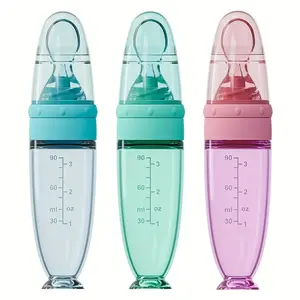 HOTMIR 90ml silicone baby food storage bottle with spoon, 1 squeeze feeding bottle with dust cover and spoon, suitable for travel baby food container