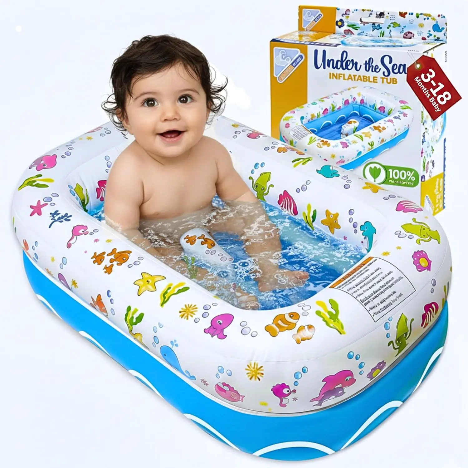 Mommy's Helper Inflatable Under The Sea Infant Bathtub, Collapsible Shape with Anti-Slipping Saddle Horn Seat, Phthalate-Free Portable Travel Bath for 3-18 Months Toddlers
