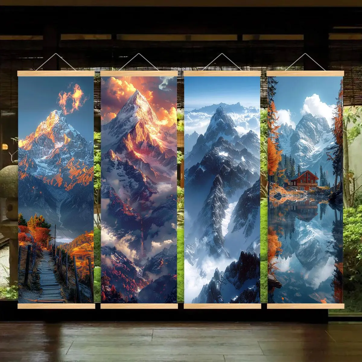 Mountain Pattern Wall Hanging Banner, 4 Counts/set Wooden Hanging Banner, Modern Art Wall Decor for Home Living Room Office, Ornaments, Wall Hanging Backdrop, Decorative Banner