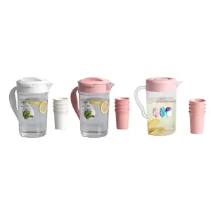 Clear Round Plastic Cold Water Pitcher 68oz/85oz (2L/2.5L) Large Capacity with 4 Cups Set, Airtight Leakproof Beverage Jug, Freezer & Dishwasher Safe, Ideal for Iced Tea, Juice, Coffee & Daily Drinks