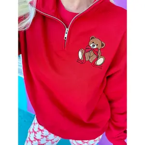 Beary Cute Bear Embroidered Quarter-Zip Pullover
