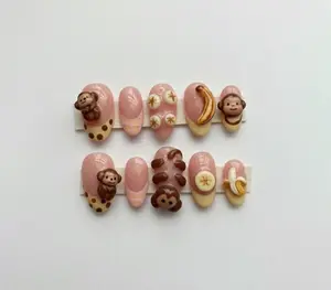 Kawaii 3D Monkey Press On Nails, Handmade Banana Polka Nail Art
