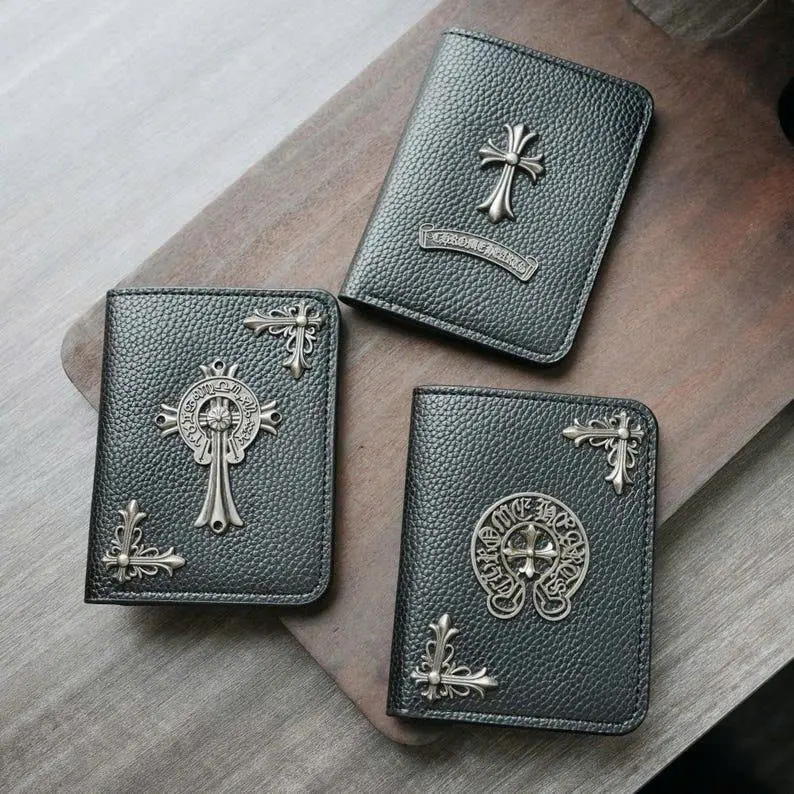 Vintage Gothic Cross Wallet Black Leather Card Holder with Silver Tone Metal Details
