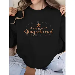 Women's Sweatshirt, Gingerbread House Print 100% 230gsm Thick Warm Pullover with Gingerbread & Baking Design, Cozy Round Neck Casual Sweater, for Fall Winter, Gingerbread House Decorations