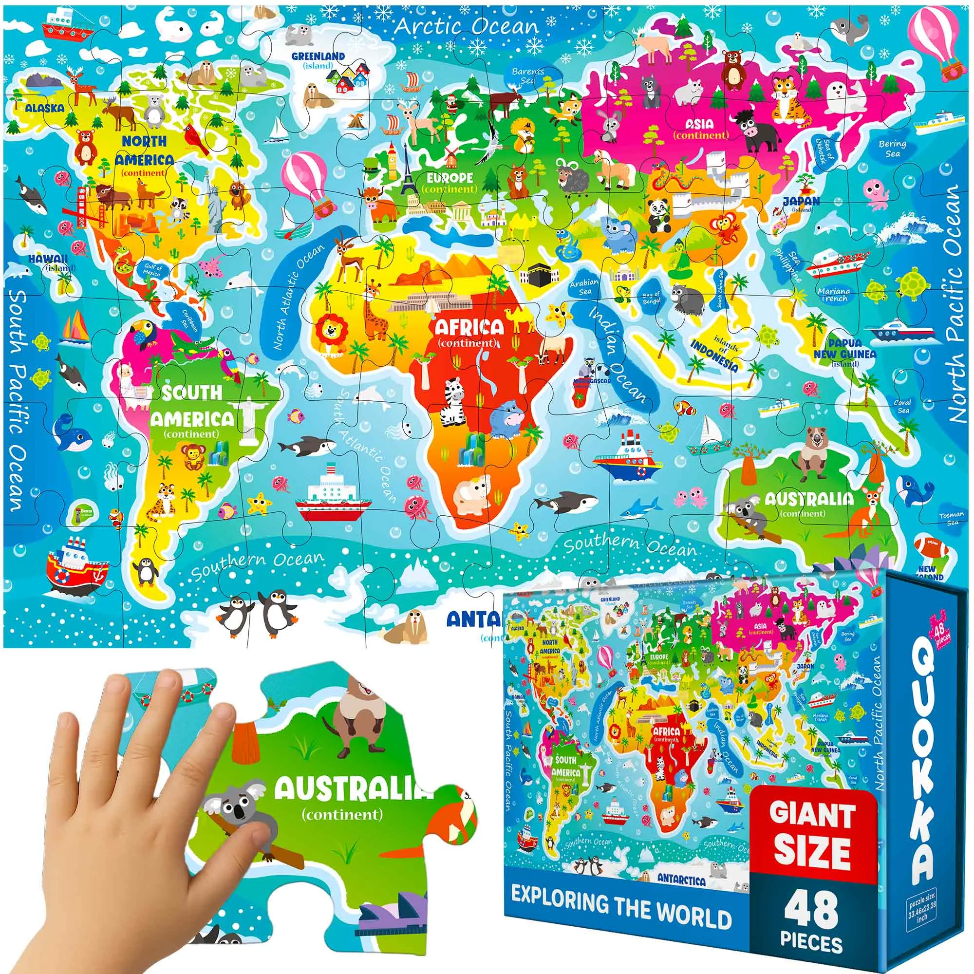 QUOKKA Giant 2x3 FT Floor Jigsaw Puzzle for Kids Ages 4-8, Toddler Puzzles with Pieces for Developmental World Map Shape Recognition, Pieces Jigsaw Puzzles