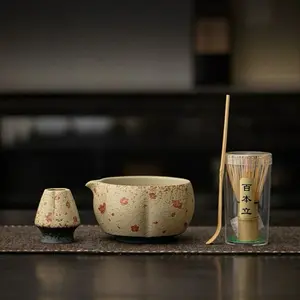 Firestone Red Matcha Eight-Piece Set with Gold-Embossed Panda Ceramic Tea Bowl, Tea Whisk Stand, Baibenli, Song Dynasty Matcha Tools