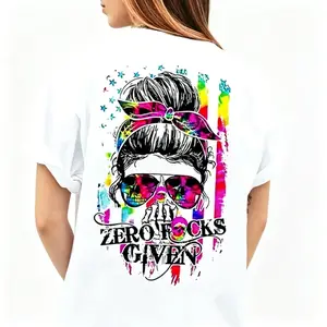 "Zero Flips Given" Messy Bun Skull Graphic Tee |   American Flag Tie-Dye Illustration T-Shirt |   Women's Aesthetic Streetwear Casual Gift Top