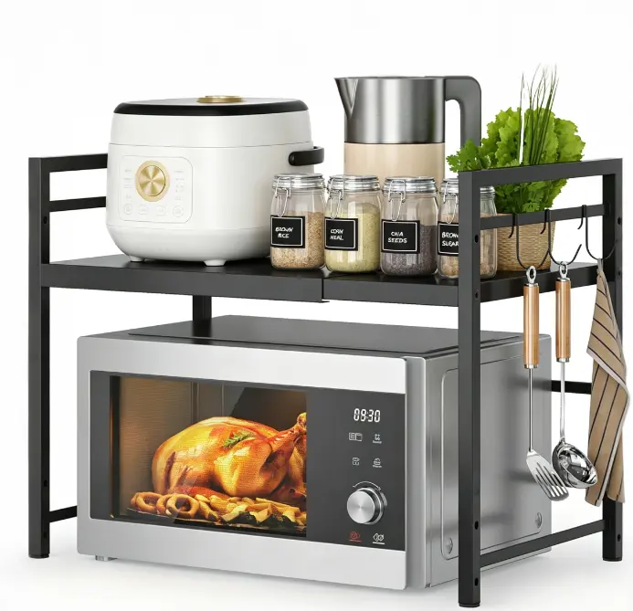 Microwave Oven Rack, Expandable Microwave Stand Countertop Kitchen Utensils Tableware Storage, Carbon Steel Over Microwave Shelf Countertop with 6 Hooks
