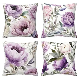 Purple floral pillow cover with spring blooming flower pattern and watercolor printing, suitable for sofas, chairs, homes, bedrooms, farmhouses, living rooms, terraces, cars and other places, 4-piece set with double-sided printing