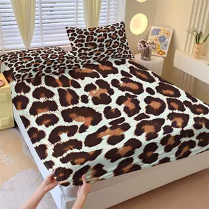 Leopard Print Fitted Sheet Set, 1 Fitted Sheet + 2 Pillowcases - 3 Pcs Soft Breathable Deep Pocket Bedding, Brown Animal Print Bed Sheets for Bedroom Decor, Full Size