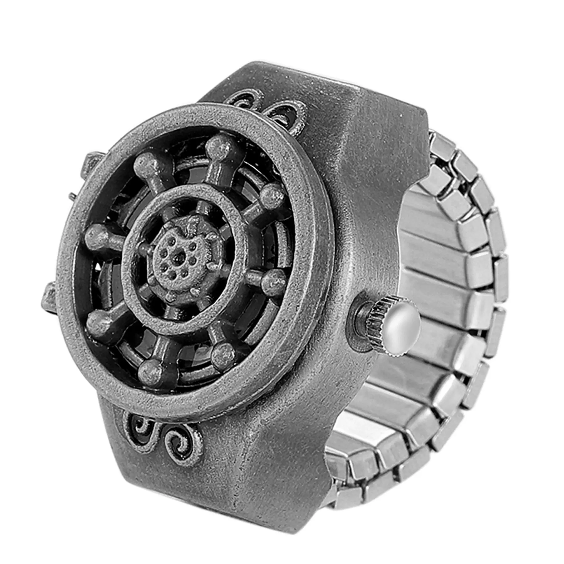 OIDEA Unisex Ring Watch - Vintage Nautical Ship Wheel Design with Hinged Lid, Antique Black Elastic Band, Splash Resistant Collectible Travel Gift, Collectibles, Travel Gifts, Flip Cover, Gift For History Buffs