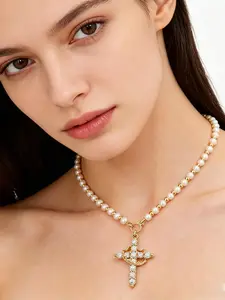 Pearl Beaded Crown Cross Necklace for Women, 4mm Pearls 3mm Beads, Elegant Layered Jewelry, Valentine's Day Gift, Christian Gift