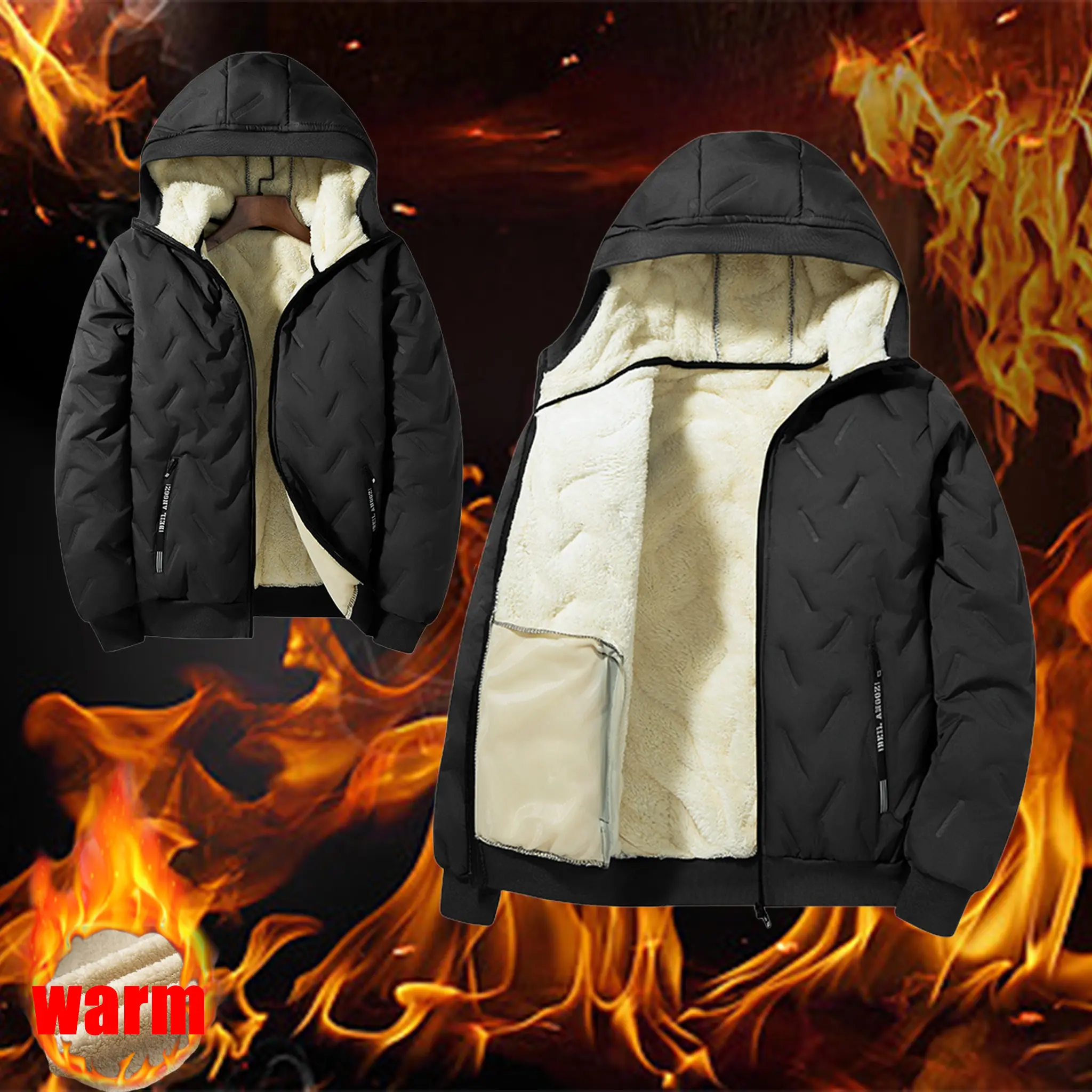 Men's Fall/Winter Hooded Wool-Cotton Jacket - Warm, fluffy, full-zip jacket with soft polyester lining, zip pockets, suitable for cold weather - Machine washable, regular fit. Men's Outerwear, Men's Jackets, Fashion Tops