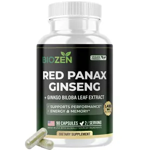 Korean Red Panax Ginseng + Ginkgo Biloba - Extra Strength 7% Ginsenosides for Energy, Focus, Brain, Immune Support - Authentic Ginseng Root Extract for Man & Women 90 Vegan Capsules BIOZEN
