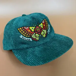 Teal Corduroy Snapback Hat with Embroidered Butterfly Design – Vintage Unisex Streetwear Baseball Cap, Adjustable Fit, Trendy Gift