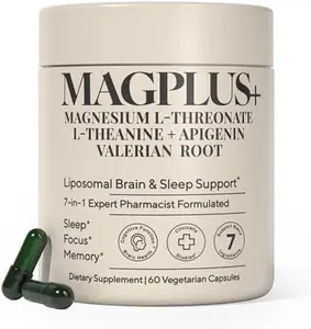 MAGPLUS+ Magnesium L-Threonate with Apigenin & L-Theanine – 7 Ingredient Sleep & Brain Support Formula, Liposomal Magnesium Supplement for Memory, Relaxation & Deep Sleep Support – 60 Capsules