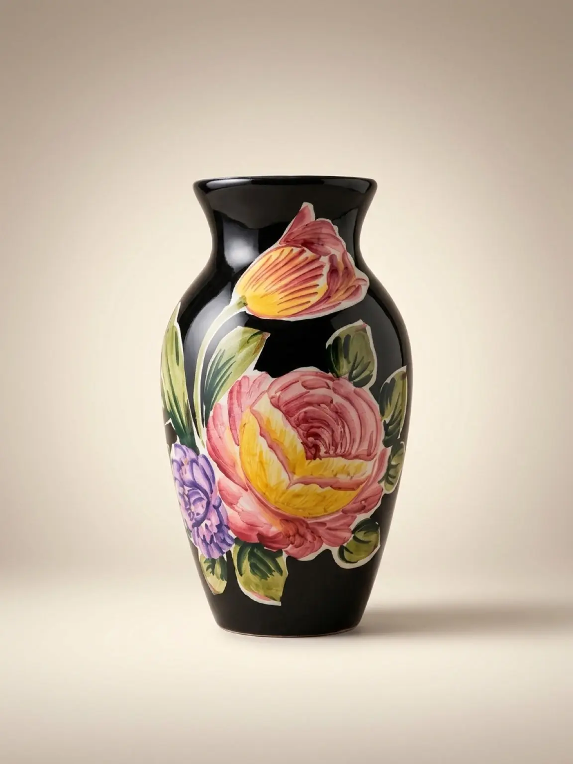 Vintage Ancora Italian Hand Painted Mary Rose Vase – Black Floral Ceramic  Tall 10"