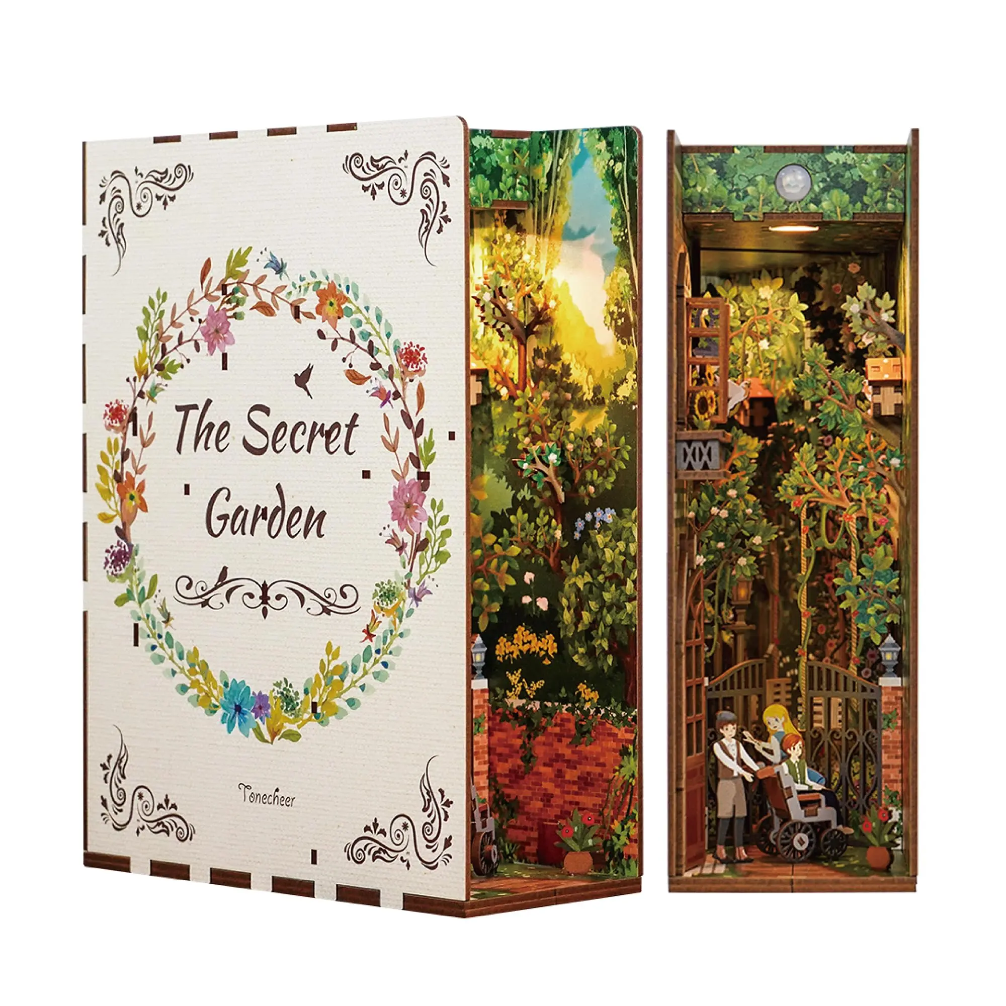 Tonecheer Secret Garden Book Nook Kit – DIY Miniature Bookshelf Insert with Motion Sensor LED Light, Fantasy Reading Room Decor
