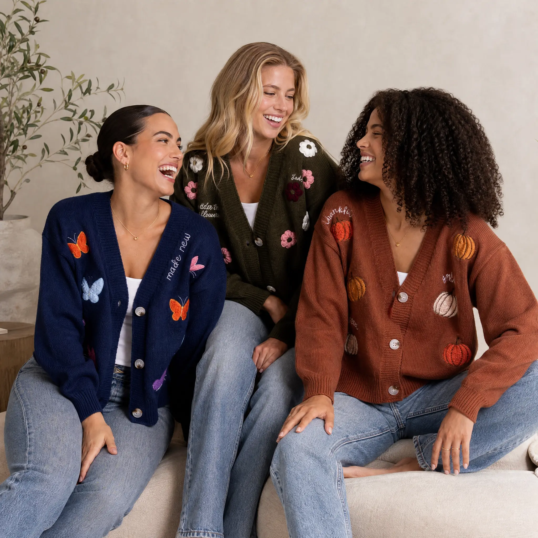 Love in Faith Women's Embroidered Casual V-Neck Long Sleeve Knit Cardigan Top - Plain, Cozy Look, Soft Nature-Inspired Floral Knitting, Ribbed Polyester Balloon Sleeves, Flattering Fit, Comfortable Womenswear