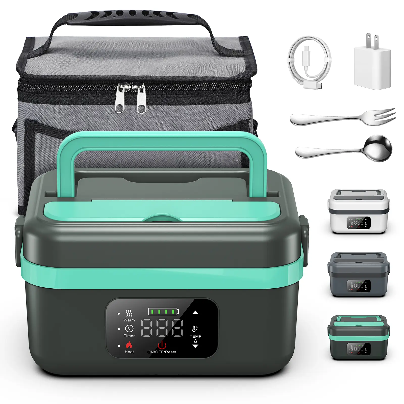 Cordless Electric Heating Lunch Box Warmer - 1000ml Portable Leak-proof Thermal Box with Timer Function, Lid, Spoon, Cutlery, Insulated Bag, Tableware for Office Staff