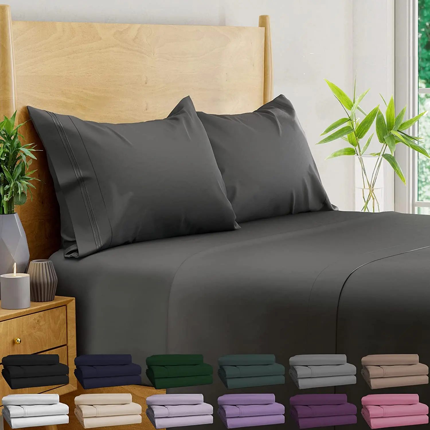 BAMPURE 100% Viscose Derived from Bamboo Sheets Twin - 4PC Set - Super Soft Cooling Sheets - up to 16’’ Deep Pocket - Luxury Series - 1 Flat Sheet,1 Fitted Sheet,2 Pillowcases (Twin Stone Grey) BAMPURE