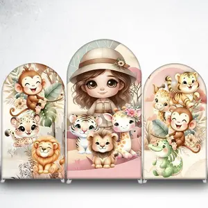 15-day 2D Flat Delivery Cute Monkey Leopard and Lion Arch Backdrop Cover for Safari Theme Birthday Party