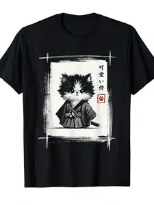 Men'S Samurai for cat Japanese Sumi-E Art T-Shirt - A Cute, Anime-Inspired Graphic Tee Featuring Japanese Text And a Vintage Design, Perfect for Casual Wear And Themed Occasions, Providing Year-Round Comfort for Cat Enthusiasts