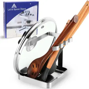 Pot Lid Holder While Cooking, 2 in 1 Stainless Steel Upright Spoon Rest with Drip Tray, Space Saving Kitchen Utensil Organizer for Stove Top Countertop, Lid Rack for Pots and Pans