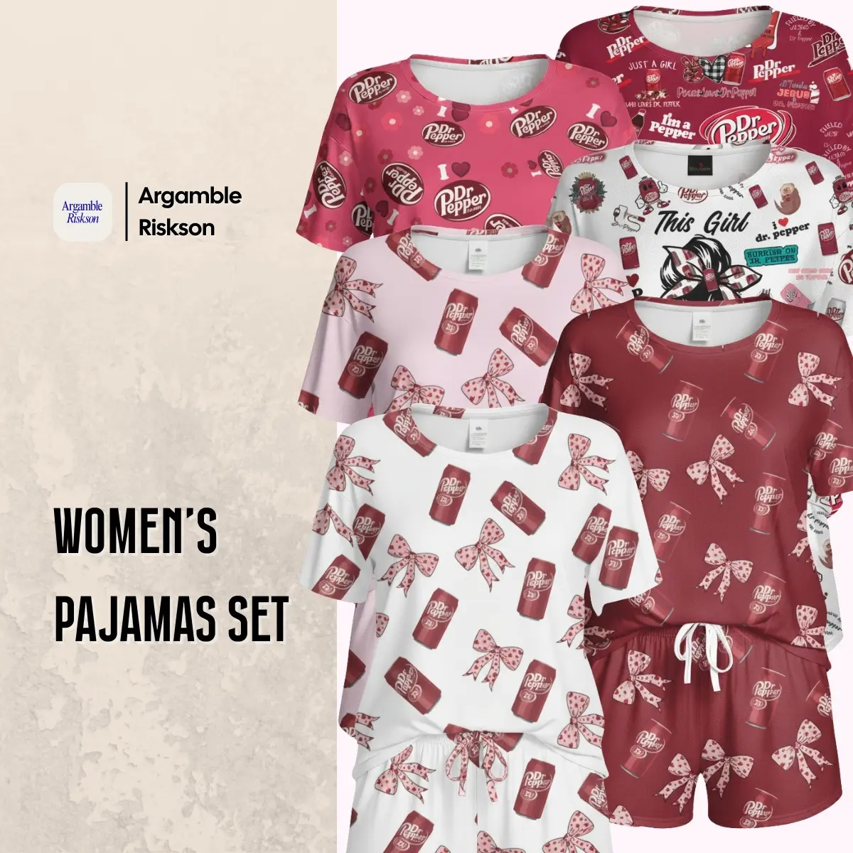 Dr Pepper Round Neck Pajama Set - Soft and Seductive Short Sleeve Nightwear, Loungewear, Homewear, Ideal Gift for Mom, Gift for Her