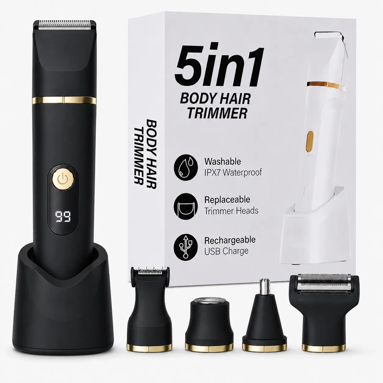 5-in-1 Manscape Kit & Body Groomer for Men, Electric Groin Hair Trimmer, Body Hair Trim Kit with Nose Hair Trimmer, Replaceable Ceramic Blade Heads & Smart Digital Display, Waterproof Wet/Dry Shaver for Groin, Body & Armpit Hair, Portable Travel Razor