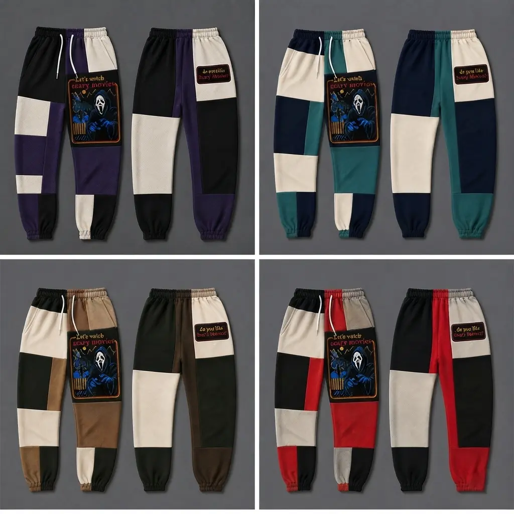 Scream Ghostface Killer 'Do You Like Scary Movies' Patchwork Sweatpants - Retro 90s Slasher Horror Movie Fan Color Block Joggers - Comfortable Streetwear for Halloween & Horror Fans