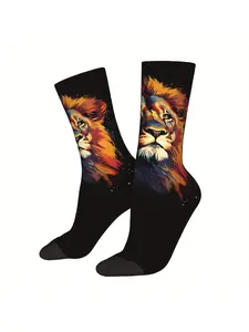 1pc Colorful Lion Portrait Printed Men's Long Socks Novelty Sock