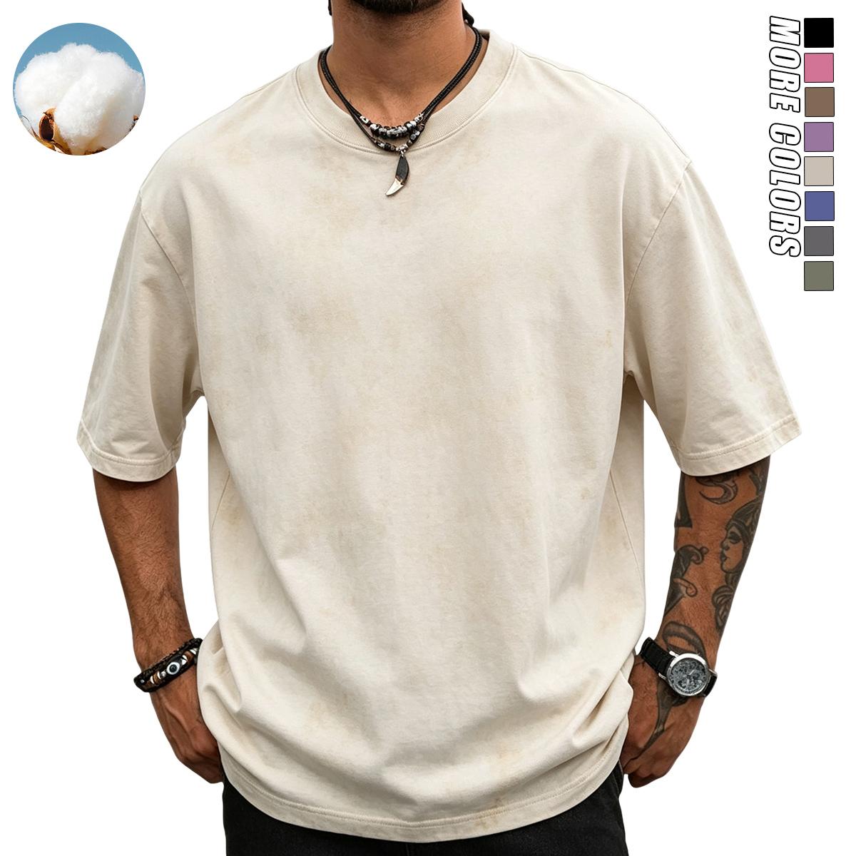 Men’s 4-piece pure cotton crew neck vintage washed T-shirt set — soft, loose T-shirts suitable for casual everyday wear; classic crew neck design.