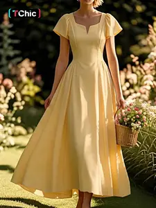 New Women's Spring Summer Dress, Dopamine Slimming French Style Chic Cream Square Neck Small Flounce Sleeve Elegant Commuter Comfort Dress