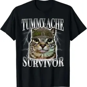 🐱✨[100% Cotton][Graphic Tee]Tummy Ache Survivor Cat Meme T-Shirt – Funny Cat Saying & Animal Humor Tee for Men & Women, Black Hoodie & Sweatshirt Front, Unisex Cotton Graphic Shirt, TikTok Viral Humor, Casual Streetwear, Gift Idea for Cat Lovers